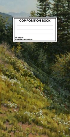 a book cover with the title composition book written in black and white, on top of a grassy hill