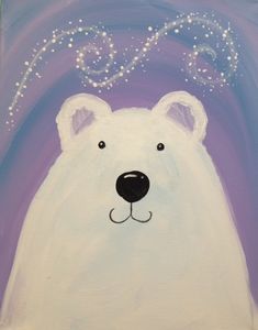 a painting of a white polar bear with sparkles on its head and nose, against a purple background