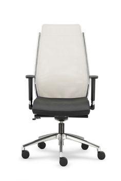 an office chair with black and white upholstered seat, viewed from the front