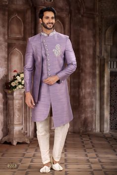 This is only a reference purpose image.... Sherwani For Men, Check Our Wide Range of Stylish and Trending Menswear for Every Special Occasion, Ceremony, Function, Marriage, Wedding, Etc, Product Details:  Top Details:  Color- purple Fabric- Premium Suiting Fabric Bottom Details:  Color- white Chudidaar Pajama (Free Size) Fabric- Banarasi silk **Important Note 1 CUSTOMIZATION - We Can Customize the Products That Are Not Printed, Contact Us Via Messages If You Have Any Queries. ---------------------------- COLOR - Color Can Be Customized for the Products(not Printed), Tell Us What Color You Want or We Will Make That for You, **Important Note 2 MEASUREMENT- the Measurements Are to Be Given According to the Chart Given in the Picture.  ---------------------------- For Accurate Fitting, You Hav Men Indowestern Wear, Groom Sherwani Indian, Purple Groom, Indian Groom Dress, Groom Sherwani, Wedding Plus Size, Groom Wedding Dress, Mens Sherwani, Sherwani For Men