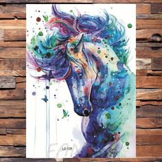 a watercolor painting of a horse with long manes and blue hair on it's head