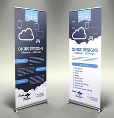 two roll up banners with the words onik's designs in blue and white