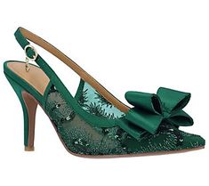 Head out for a night of fun with Deloris, a fabulous slingback pump with an embellished mesh upper accented by a feminine bow, and a memory foam insole that keeps feet comfortable all night long. From J Renee'. Diy Floral Shoes, Green Dress Shoes, Women Pumps Shoes, Green Pumps, Bold Shoes, Rhinestone Heels, Fancy Shoes, Low Heel Shoes, Floral Shoes