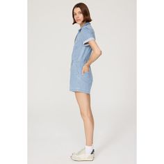 Blue denim (99% Cotton, 1% Spandex). Romper. Short sleeves. V-neck. Front zipper closure. 30" from shoulder to hemline. 3" inseam. Imported. Fitted Casual Denim Jumpsuit With V-neck, Blue Denim Jumpsuit With Zipper Closure, Cotton Denim V-neck Jumpsuit, Fitted Denim Jumpsuit With V-neck In Casual Style, Casual Fitted Denim Jumpsuit With V-neck, Summer Denim Jumpsuit With Zipper Closure, Casual Denim Jumpsuit With Zipper Closure, Casual Denim Jumpsuit With Frayed Hem For Spring, Casual Denim Jumpsuit With Zipper For Spring