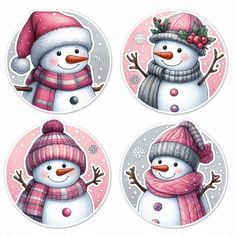 four snowmen with hats and scarfs on