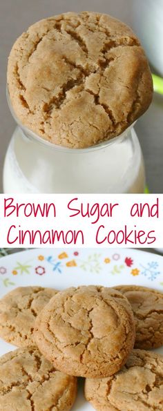 brown sugar and cinnamon cookies are stacked on top of each other in front of a glass container