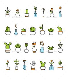 potted plants and flowers icons set - decorative objects objects