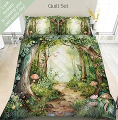 this is an image of a bed set with trees and mushrooms in the woods on it