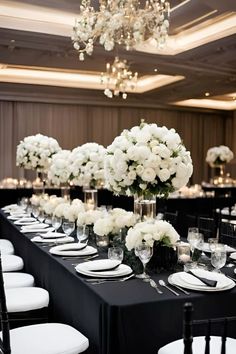 the tables are set with white flowers and place settings