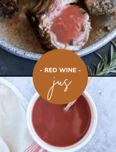 red wine is poured into a bowl with meat