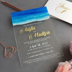 We offer FREE DESIGN service. Please message details for mock up.  For sample: 1. US$3.50 with available sample. 2. US$25.00 with custom design. Click listing below to place order: https://www.etsy.com/listing/734621895/custom-acrylic-wedding-invitation?ref=shop_home_active_1 -Standard Envelopes included in prices. (Blank without printing) -Click drop-down menu to see different price for each invitation.  - Extra cost is $30.00 for gold text for QTY less than 50pcs. -Standard Size: 5" x 7" inche Under The Sea Wedding, Gold Wedding Invite, Ocean Wedding Theme, Acrylic Wedding Invitation, Sea Wedding, Ocean Wedding, Themed Wedding Invitations, Acrylic Wedding Invitations, Acrylic Invitations