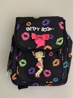 Betty Boop Mini Backpack 12'' x 11'' Black Pink Red Kisses Colorful NWT. New with tags Retro Black Bags For Back To School, Fun Red Backpack Bag, Fun Black Bags For Back To School, Fun Black Standard Backpack, Red Kisses, Strawberry Soda, Lil Sis, Mini Backpack, Betty Boop