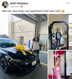 two photos, one with a car and the other has balloons in front of it