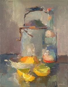 an oil painting of some fruit and a canister on a table with other items