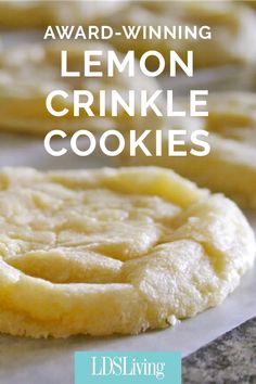 lemon crinkle cookies with text overlay reading award winning lemon crinkle cookies