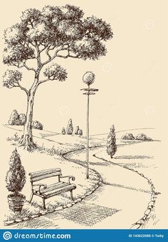 a bench in the park near a tree and lampposts, sketched by hand