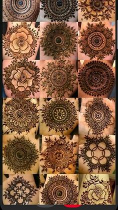 many different pictures of hendi designs on someone's hands and feet, all in brown