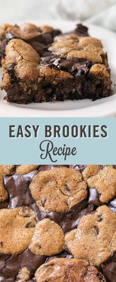 chocolate chip cookie bars on a white plate with the words easy brookes recipe above it