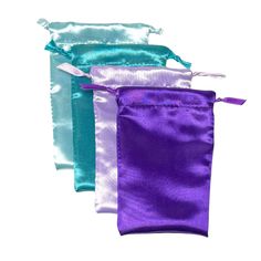 three small pouch bags with zippers on each side, one in purple and the other in green