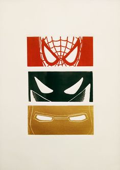 an image of spiderman faces in four different colors on a white background with red, yellow and green