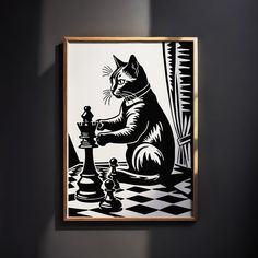 a black and white drawing of a cat playing with a chess piece on a wall