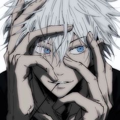 an anime character with white hair and blue eyes holding his hands up to his face