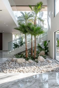 there are two palm trees in the middle of this room with rocks on the floor