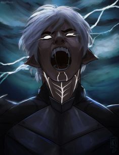 an anime character with his mouth open and lightning in the background