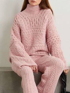 Affordable price buy Sweaters on Stylewe, SPU: 1USW9G4CBC, Color: Pink, Thickness:Heavyweight, Elasticity:Medium Elasticity. Simple Sweater, Plain Sweaters, Simple Sweaters, Cable Knit Turtleneck Sweater, Matching Sweaters, Buy Sweaters, Outfit Look, Pantalon Large, Round Neck Tops