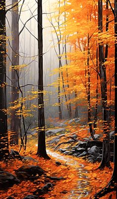 a painting of a path in the woods with orange leaves on it's trees