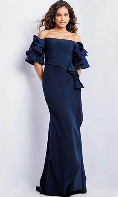 Jovani 37674 - Off-Shoulder Straight-Across Neck Gown – Couture Candy Mother Of The Bride Dresses Navy, Jewelry For Off The Shoulder Dress, Navy Mother Of The Groom Dresses, Stylish Gowns, Gown Couture, Mothers Gowns, Stylish Gown, Bride Gown, Mother Of The Bride Gown