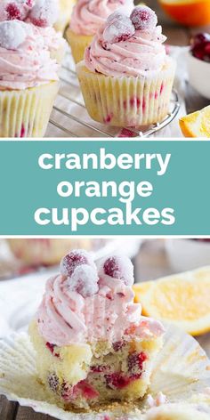 cranberry orange cupcakes with icing and powdered sugar on top