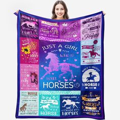 a woman is holding up a blanket with horses on it and the words just a girl who loves horses