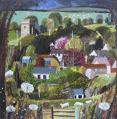 a painting of houses and trees on a hill