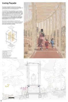 an architectural drawing shows the interior and exterior of a building, with two people walking through it