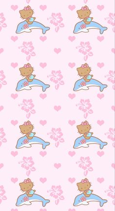 a pink and blue wallpaper with teddy bears on the dolphin, hearts and flowers