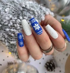 50+ Instagrammable Christmas Nails Designs You Won't Want to Miss Out In 2022 - With Houna Ugly Christmas Sweater Nails, Christmas Sweater Nails, Blue Christmas Nails, Unghie Nail Art, Cute Christmas Nails, Her Nails