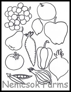 a black and white drawing of fruits and vegetables