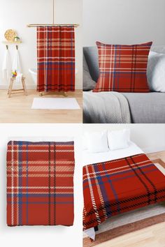 four photos of red and blue plaid bedding