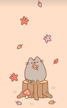 a cartoon cat sitting on top of a tree stump with mushrooms and leaves around it