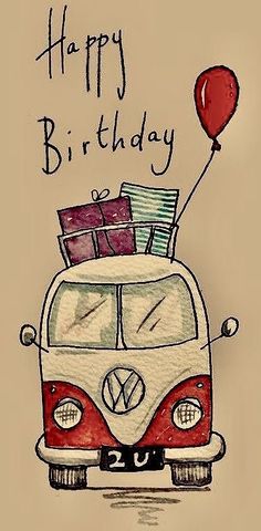 a drawing of a vw camper van with luggage on top and the words happy birthday written above it