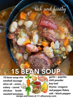 a bowl of soup with beans, carrots and meat