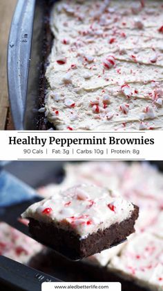 there is a piece of brownie with white frosting and peppermint on it