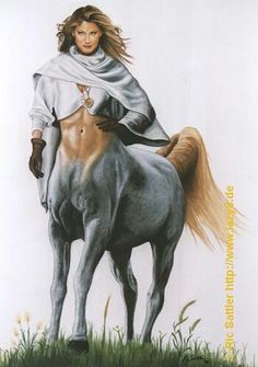 a drawing of a woman riding on the back of a gray and brown horse with long hair