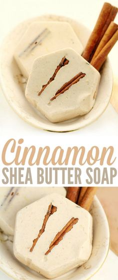 cinnamon shea butter soap on a white plate with cinnamon sticks in the middle and an image of