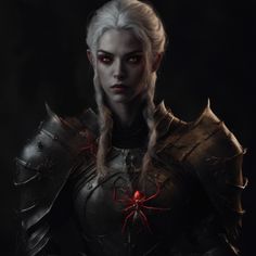 an image of a woman with white hair and red eyes wearing armor, standing in the dark