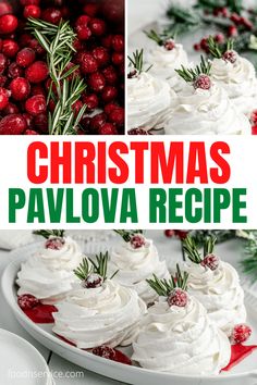 christmas pavlova recipe with white frosting and cranberries in the background