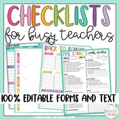 checklist for busy teachers with the text, 100 % editable forms and text