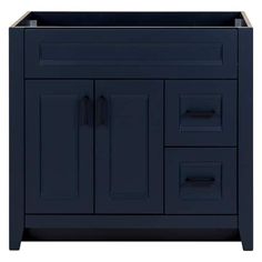 an image of a blue bathroom vanity with drawers and doors on the front, side view