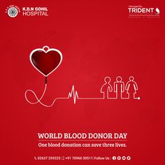 the world blood donor day poster is displayed on a red background with white lines and an image of people connected to a heart